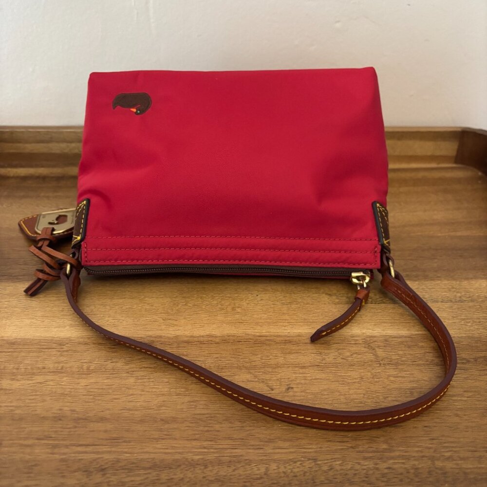 Dooney & Bourke Red Nylon Brown Leather Pouchette Mini Bag - Picture 5 of 12